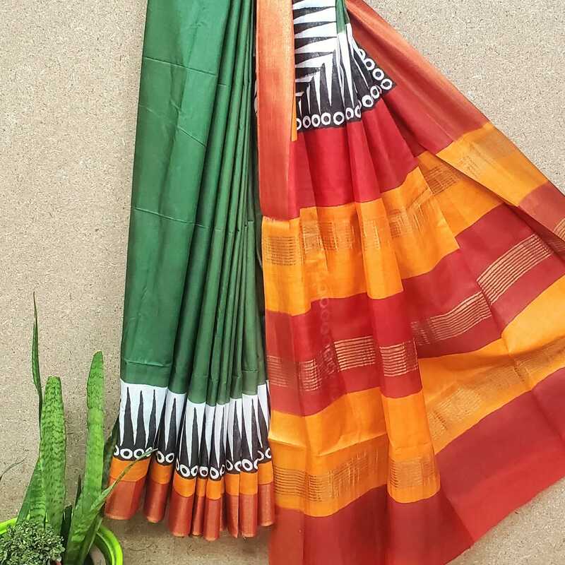 Silk Cotton Zari Border Block Print Saree #1 Silk Cotton Zari Border Block Print Saree #1
