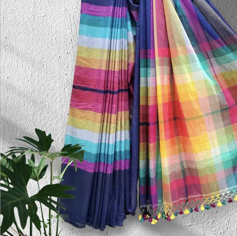 Mul Cotton Rainbow Saree (Navy Blue) #1 Mul Cotton Rainbow Saree (Navy Blue) #1