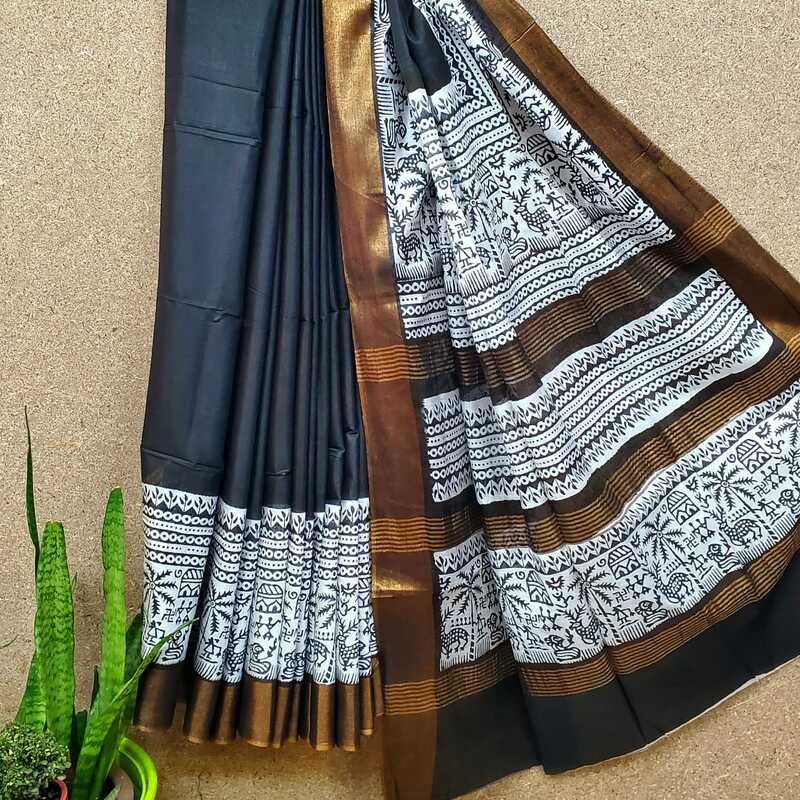 Silk Cotton Zari Border Block Print Saree #2 Silk Cotton Zari Border Block Print Saree #2