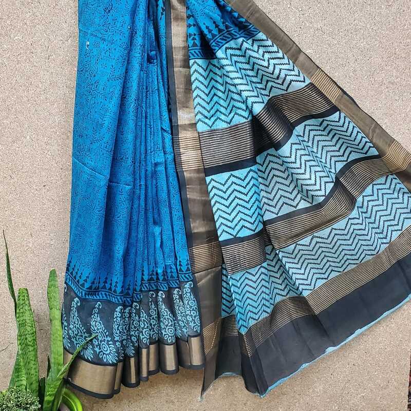 Silk Cotton Zari Border Block Print Saree #3 Silk Cotton Zari Border Block Print Saree #3