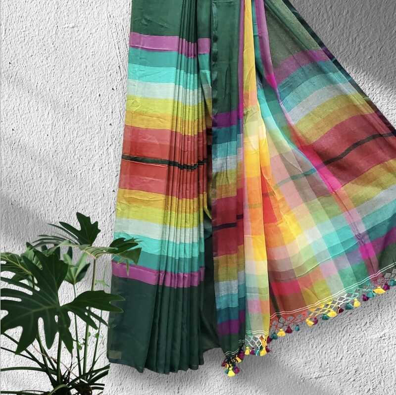 Mul Cotton Rainbow Saree (Sap Green) #3 Mul Cotton Rainbow Saree (Sap Green) #3