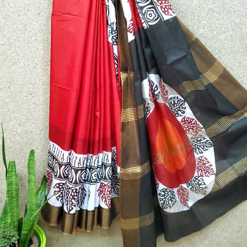 Silk Cotton Zari Border Block Print Saree #4 Silk Cotton Zari Border Block Print Saree #4