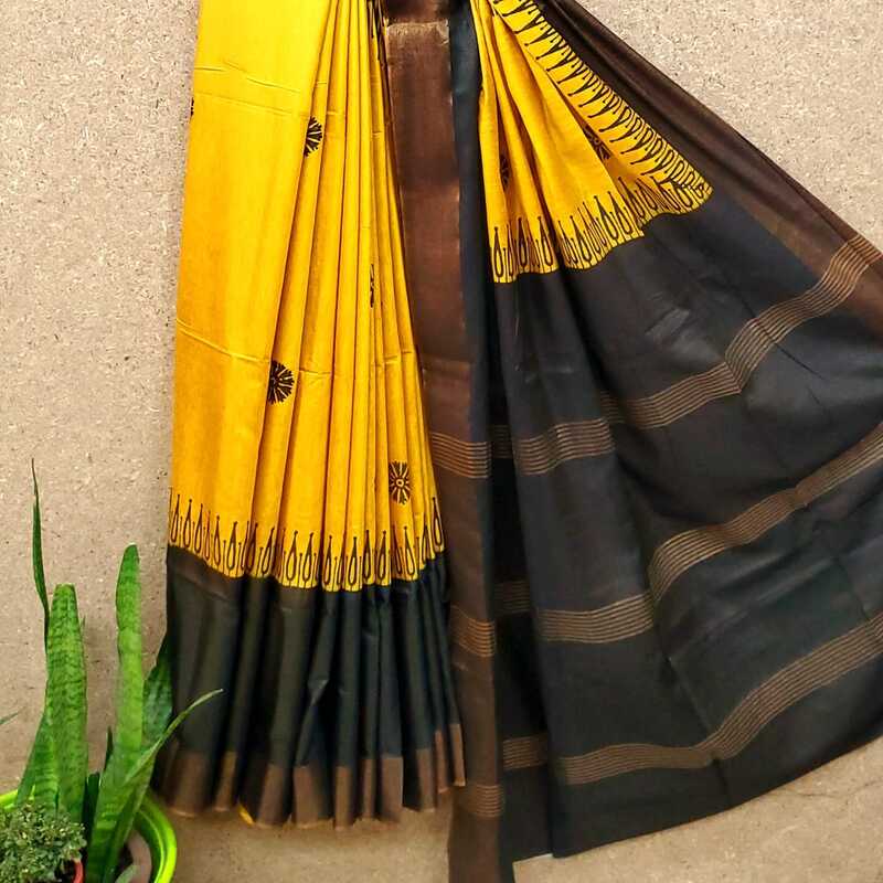 Silk Cotton Zari Border Block Print Saree #5 Silk Cotton Zari Border Block Print Saree #5