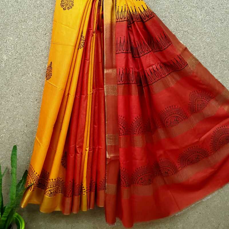 Silk Cotton Zari Border Block Print Saree #7 Silk Cotton Zari Border Block Print Saree #7