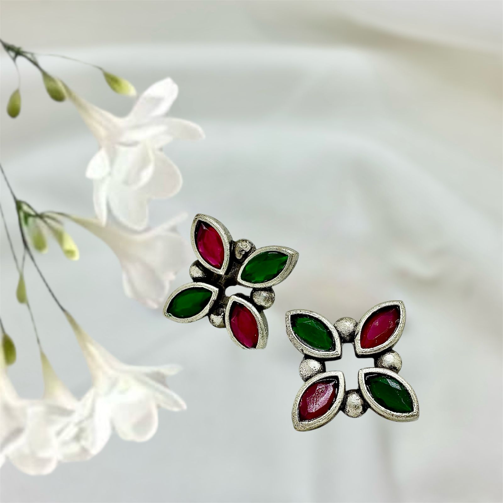 Silver plated Brass Earrings (Green/Crimson) #2 Silver plated Brass Earrings (Green/Crimson) #2