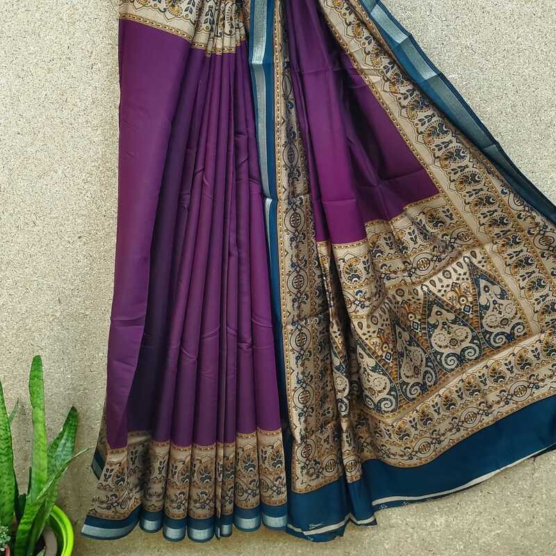 Silk Cotton Plain Body with Block Print Pallu Saree #1 Silk Cotton Plain Body with Block Print Pallu Saree #1