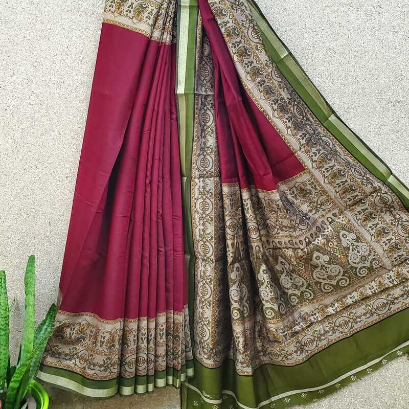 Silk Cotton Plain Body with Block Print Pallu Saree #2 Silk Cotton Plain Body with Block Print Pallu Saree #2