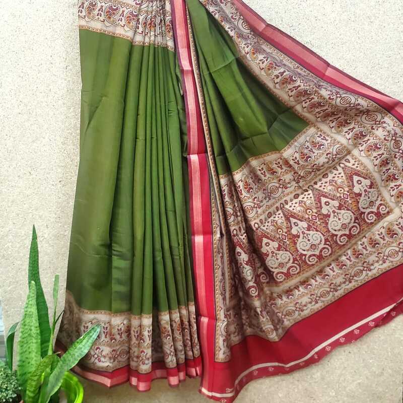 Silk Cotton Plain Body with Block Print Pallu Saree #3 Silk Cotton Plain Body with Block Print Pallu Saree #3