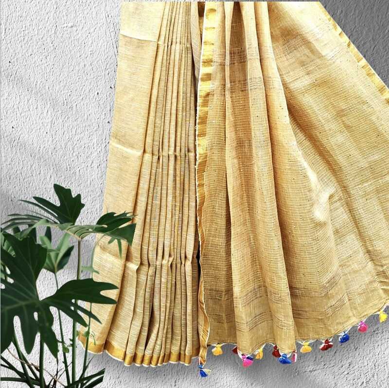 Cotton Linen Sequence Saree (Beige) #4 Cotton Linen Sequence Saree (Beige) #4