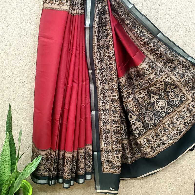 Silk Cotton Plain Body with Block Print Pallu Saree #4 Silk Cotton Plain Body with Block Print Pallu Saree #4