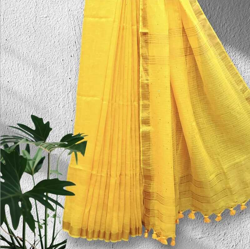 Cotton Linen Sequence Saree (Yellow) #3 Cotton Linen Sequence Saree (Yellow) #3