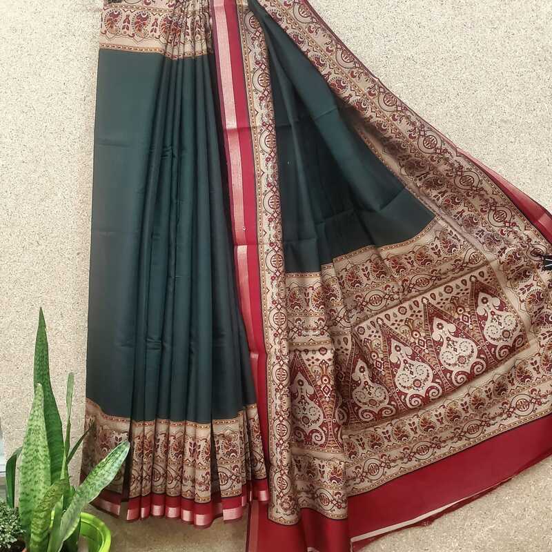 Silk Cotton Plain Body with Block Print Pallu Saree #5 Silk Cotton Plain Body with Block Print Pallu Saree #5