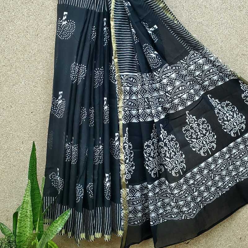 Cotton Mul Block Print Golden Border Saree #4 Cotton Mul Block Print Golden Border Saree #4
