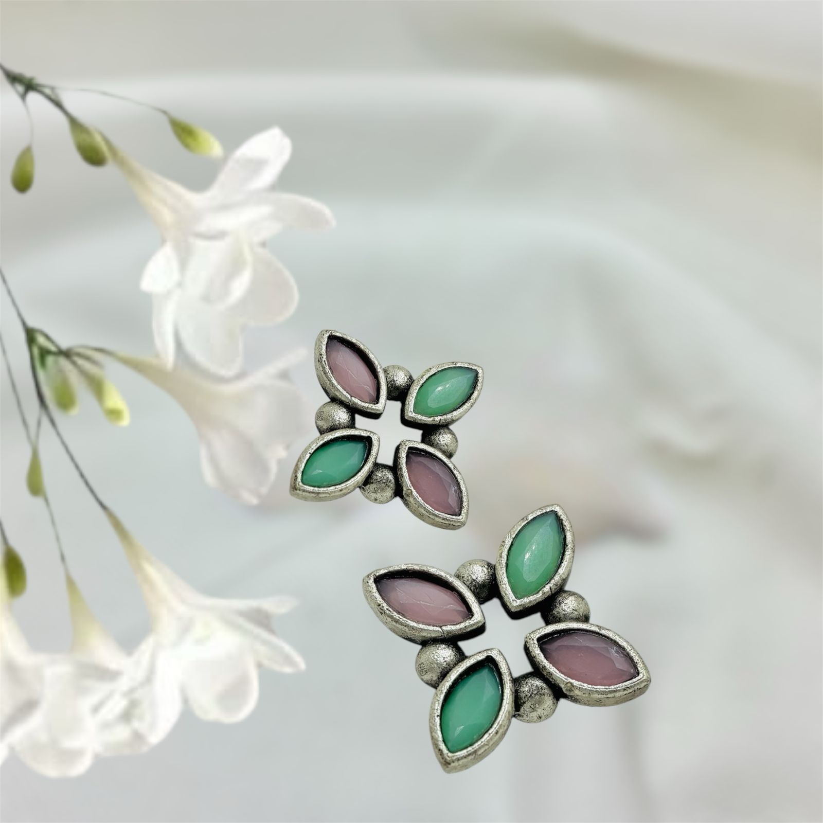 Silver plated Brass Earrings (Cyan/Baby Pink) #5 Silver plated Brass Earrings (Cyan/Baby Pink) #5
