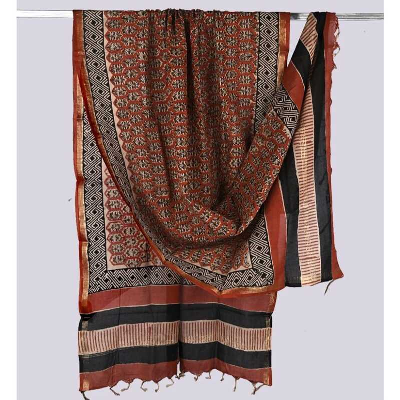Cotton Block Print Dupatta Zari Border #6 Cotton Block Print Dupatta Zari Border #6