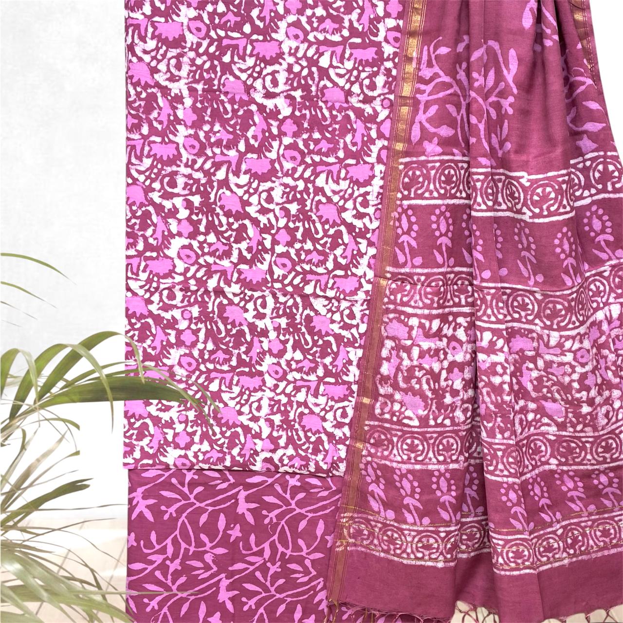 DABU COTTON CHANDERI DUPATTA SUIT SET #3